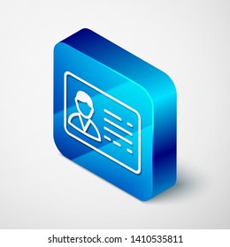 Isometric Identification badge line icon isolated on white background. It can be used for presentation, identity of the company, advertising. Blue square button. Vector Illustration
