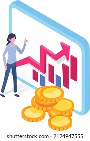 a isometric illlustration of graph,human,gold coin