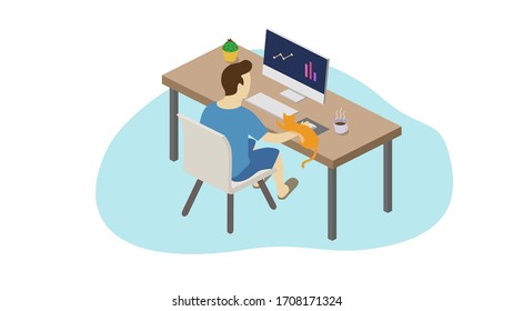 Isometric illustation of a man working remotely from home, cat sitting on his wrist