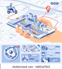 isometric illustraiton of food app mobile appliction on smartphone with route on the map. used for landing page, poster, info graphic and other.