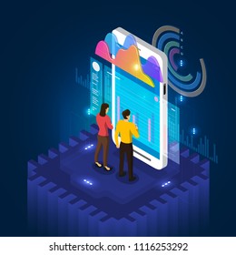 Isometric illustrate concept businessman analysis data and information on mobile screen. Vector illustrations.