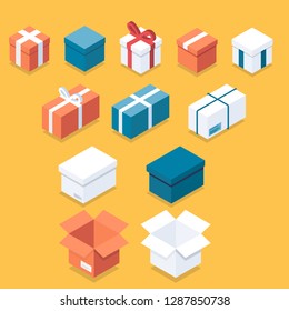 Isometric illustration of 12  packaging boxes vector icons for web, gift boxes