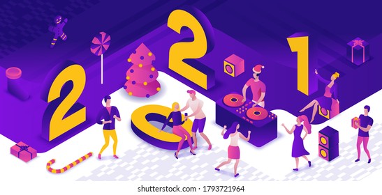 Isometric illustration of 2021 new year dance party, dj playing disco at night event, holiday banner, gift icon, happy people enjoy music, 3d vector purple background