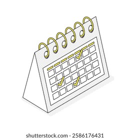 An isometric illustration of a 3D calendar with check marks. Perfect for schedule management, task management, and planning scenes.