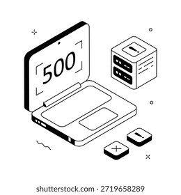 Isometric illustration of 500 internal server error with laptop and database concept