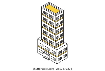 Ilustración isométrica de un edificio de apartamentos de 7 pisos de gran altura, dibujo de líneas simples, Ilustración vectorial