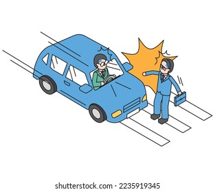 It is an isometric illustration of an accident of a car driven by a man and a male office worker who is commuting.