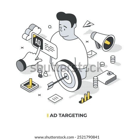 Isometric illustration of ad targeting as marketing technology concept. Customer at the center, with a target and arrow nearby. It represents the target audience for advertising and finding customers