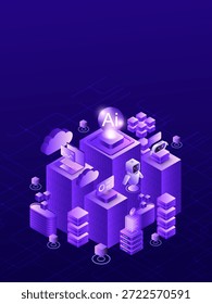 Ilustração isométrica de um ecossistema de rede de inteligência artificial com robôs autônomos, servidores de dados em nuvem e infraestrutura digital para tecnologia futura