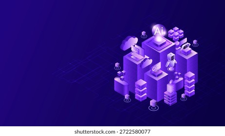 Ilustração isométrica de um ecossistema de rede de inteligência artificial com robôs autônomos, servidores de dados em nuvem e infraestrutura digital para tecnologia futura