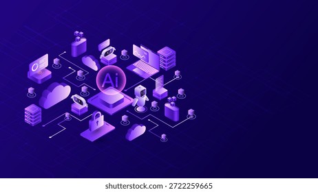 Ilustração isométrica de um ecossistema de rede de IA com sistemas autônomos, computação em nuvem, segurança de dados, robôs, servidores e infraestrutura digital para tecnologia de inteligência artificial.