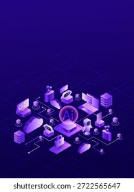 Ilustração isométrica de um ecossistema de rede de IA com sistemas autônomos, inteligência artificial, computação em nuvem, segurança de dados, robôs, servidores e infraestrutura digital conectada para futuros conceitos de tecnologia.
