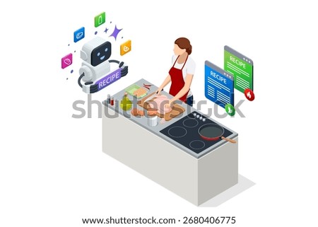 Isometric illustration of AI cooking assistant suggesting recipe while woman prepares food in kitchen. Artificial intelligence in gastronomy.