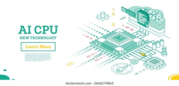 Isometric illustration of AI CPU technology with binary code, cloud storage, and secure data flow. Concept of artificial intelligence, innovation, and digital processing. Vector illustration.