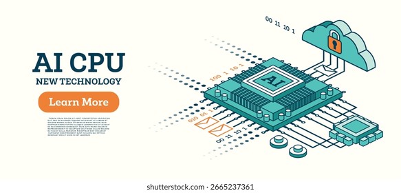 Ilustração isométrica da tecnologia de CPU de IA com código binário, armazenamento em nuvem e fluxo de dados seguro. Conceito de inteligência artificial, inovação e processamento digital. Ilustração vetorial.