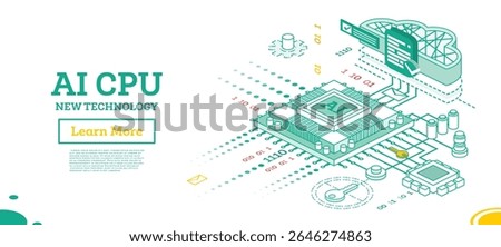 Isometric illustration of AI CPU technology with binary code, cloud storage, and secure data flow. Concept of artificial intelligence, innovation, and digital processing. Vector illustration.