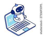 Isometric illustration of an AI robot. Image of someone using AI to chat on a laptop.