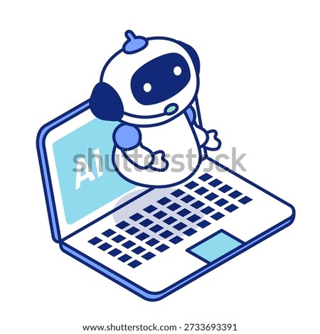 Isometric illustration of an AI robot. Image of someone using AI to chat on a laptop.