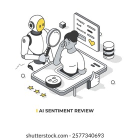 Isometric illustration of AI sentiment review, showing robot using magnifying glass to analyze person’s emotions. The person’s facial expression assessed using a rating system: Happy, Sad, Neutral