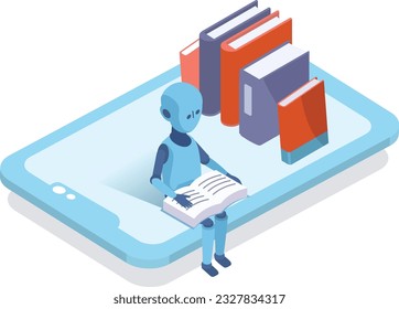ilustración isométrica de robots tecnológicos de IA y libros 