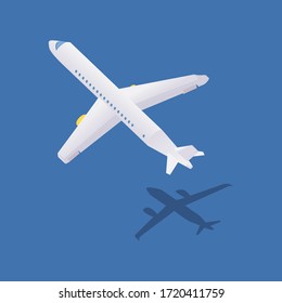 Isometric illustration with airplane during take-off isolated on blue background with shadow on earth