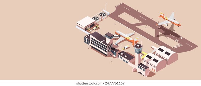 Isometric illustration of an airport with planes and surrounding buildings on a beige background, concept of aviation logistics. Vector illustration