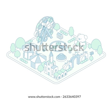 Isometric illustration of an amusement park. Theme park with attractions such as a Ferris wheel and teacups.