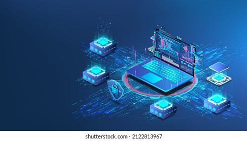 Análisis de ilustraciones isométricas de grandes datos y flujo de datos. Centro de datos digital, base de datos, servidor hostico, fortaleza de nube. almacenamiento de PC, estación de trabajo portátil. Ciberseguridad de grandes datos en el servidor de alojamiento. Vector