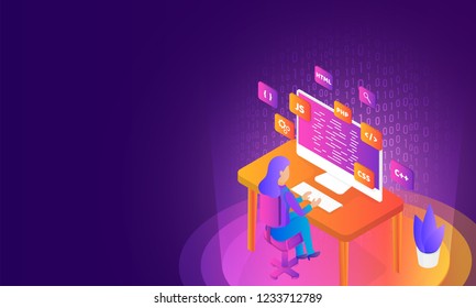 Isometric illustration of analyst or developer searching the problem on desktop on matrix coding background for Web development concept.