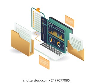 Ilustración isométrica de la computadora portátil y los documentos del analista