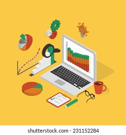 Isometric illustration of analytics process with laptop on yellow background