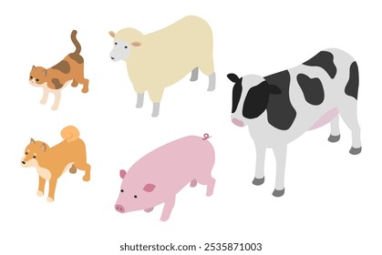 Isometric illustration: animals (cat, dog, pig, cow, sheep)