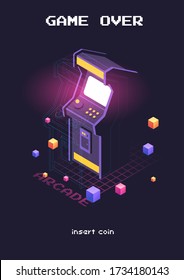 Isometric illustration of Arcade game machine. Retro gaming, Game of 80s-90s. Technology and entertainment concept. Advertisement design.