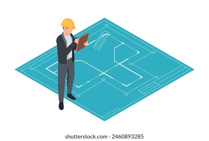 Isometrische Abbildung eines Architekten mit einer Zwischenablage auf einem Bauplan-Hintergrund, symbolisiert Projektplanung. Vektorillustration isoliert auf weißem Hintergrund