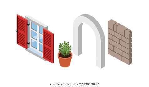 Isometric illustration of architectural elements including a red-shuttered window, potted plant, white arch, and brick wall section isolated on white.