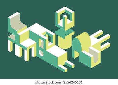 Isometric illustration, architectural shapes, urban scene, futuristic city, minimalist construction