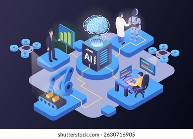 Ilustração isométrica da inteligência artificial em ação: um processador de IA central conecta cientistas, robôs, programadores, drones, lógica analítica e automação em uma rede futurista.