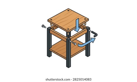 Isometric illustration of assembling a wooden side table with metal frame and allen key
