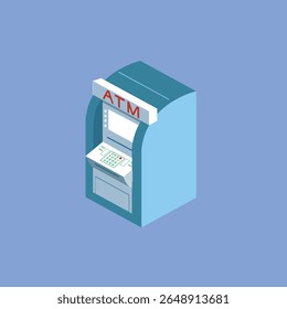Isometric illustration of ATM machine for digital banking, finance, and cash withdrawal concepts. Flat vector design for fintech, security, and financial services