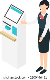 Isometric Illustration Of Automatic Payment Machine And Receptionist Woman