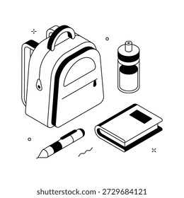 Isometric illustration of backpack, notebook, and stationery symbolizing student essentials