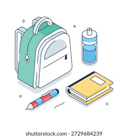 Isometric illustration of backpack, notebook, and stationery symbolizing student essentials