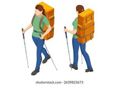 Isometric illustration of backpacker with trekking poles and backpack for traveling, hiking, camping. Trekking, outdoor adventure, travel planning