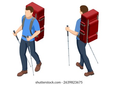 Isometric illustration of backpacker with trekking poles and backpack for traveling, hiking, camping. Trekking, outdoor adventure, travel planning