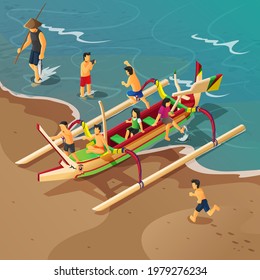 Isometric Illustration Of Balinese Traditional Fishermant Boat With Kids Playing On It