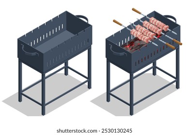 An isometric illustration of a barbecue grill, showcasing food being cooked over the flame. The scene highlights the joy of outdoor BBQ, with sizzling meats and veggies perfect for a relaxed cooking