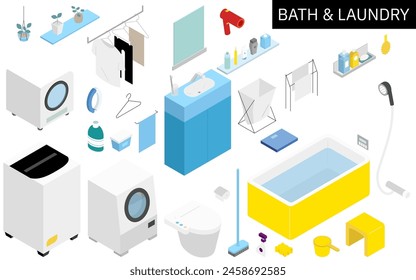 Isometric illustration of bath and laundry supplies needed for new life, Vector Illustration