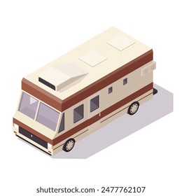 Ilustración isométrica de un RV beige sobre un fondo blanco. Concepto de viaje y aventura. Ilustración vectorial