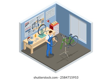 An isometric illustration of a bicycle repair workshop with a mechanic adjusting a green bike on a repair stand. Tools and spare parts are neatly arranged.