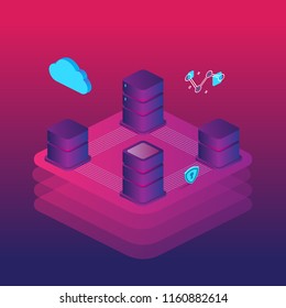 Isometric illustration for big data science. Blockchain technology in financial sector. 